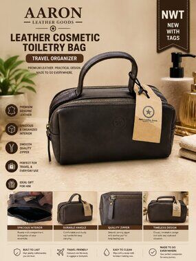 NWT Aaron Leather Goods Leather Cosmetic Toiletry Bag with Handle
